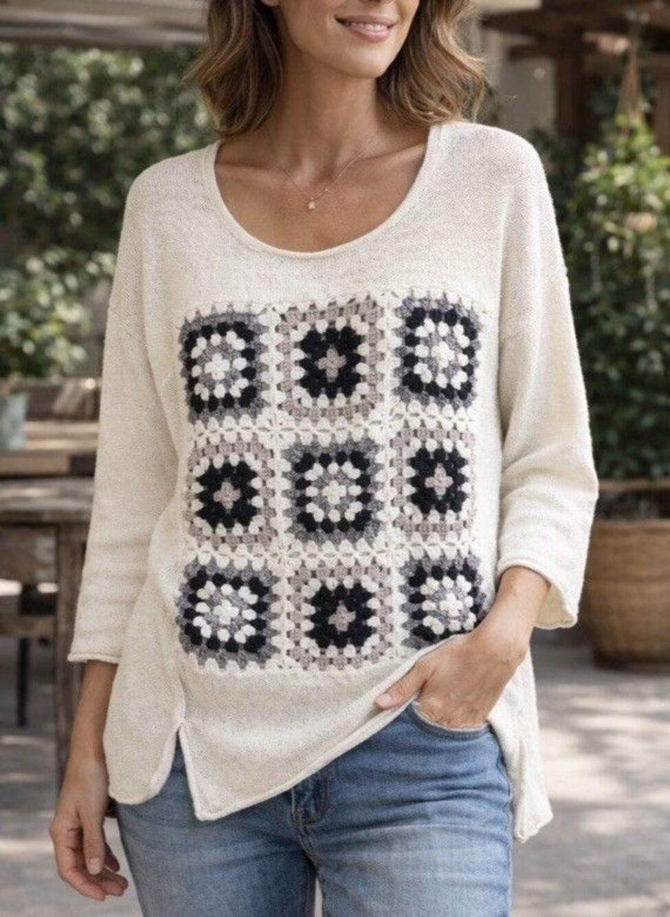 Akira Granny Square Crochet Sweater Womens M Beige Patchwork Boho Cottagecore